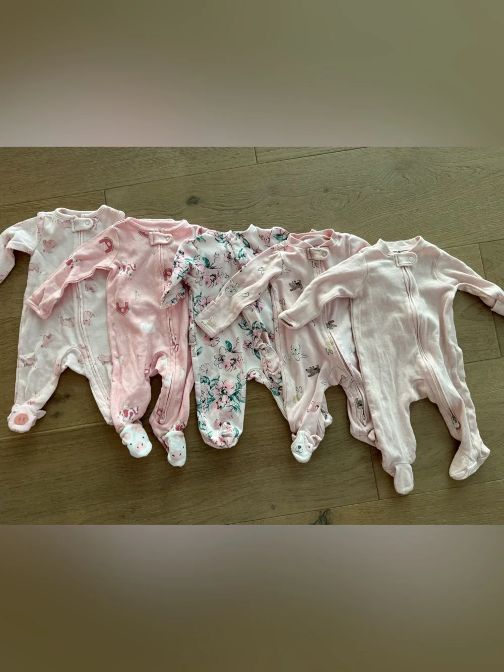 5x Baby Girls Pink Footed One-Piece Sleepers Sz 0-3, Little Me, Carters